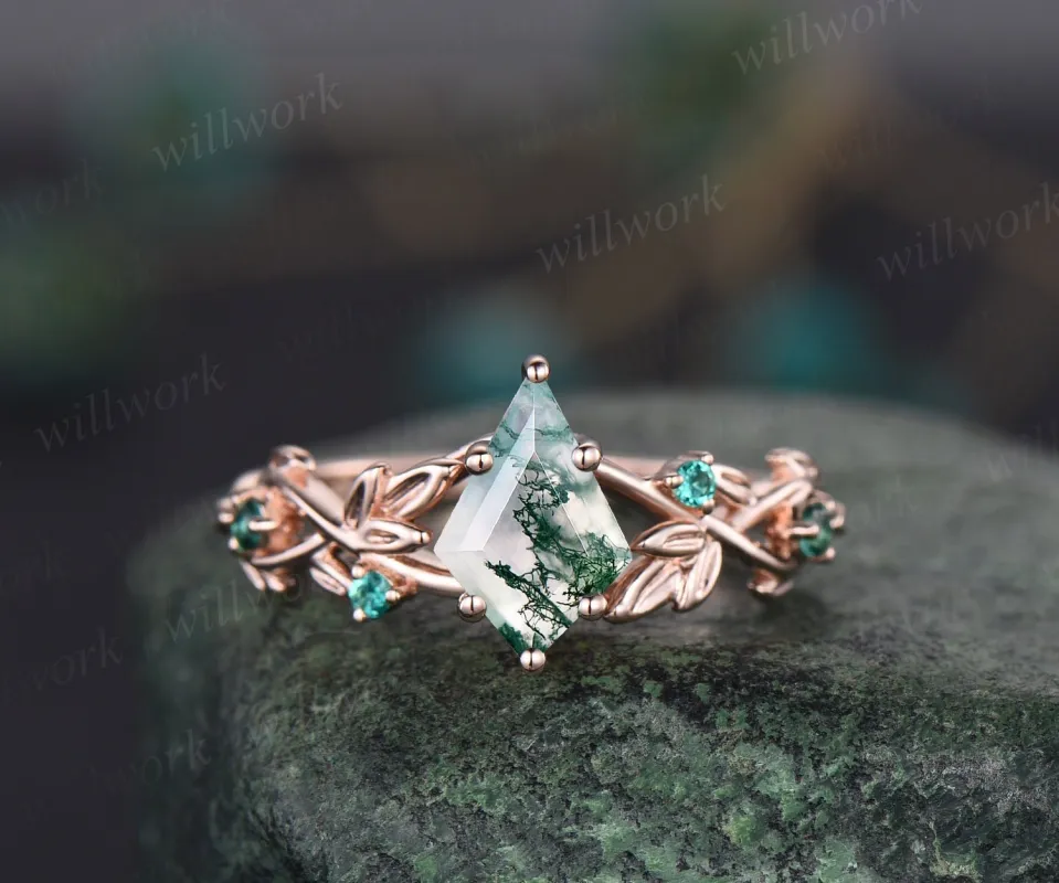 Twig moss agate ring vintage kite cut moss agate engagement ring nature inspired rose gold ring leaf emerald ring women unique wedding ring sold by Willwork Jewelry