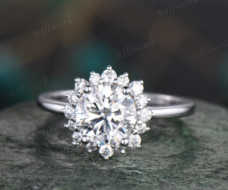 1ct moissanite ring vintage round moissanite engagement ring halo 14k white gold sunflower snowdrift diamond ring women unique promise ring sold by Willwork Jewelry