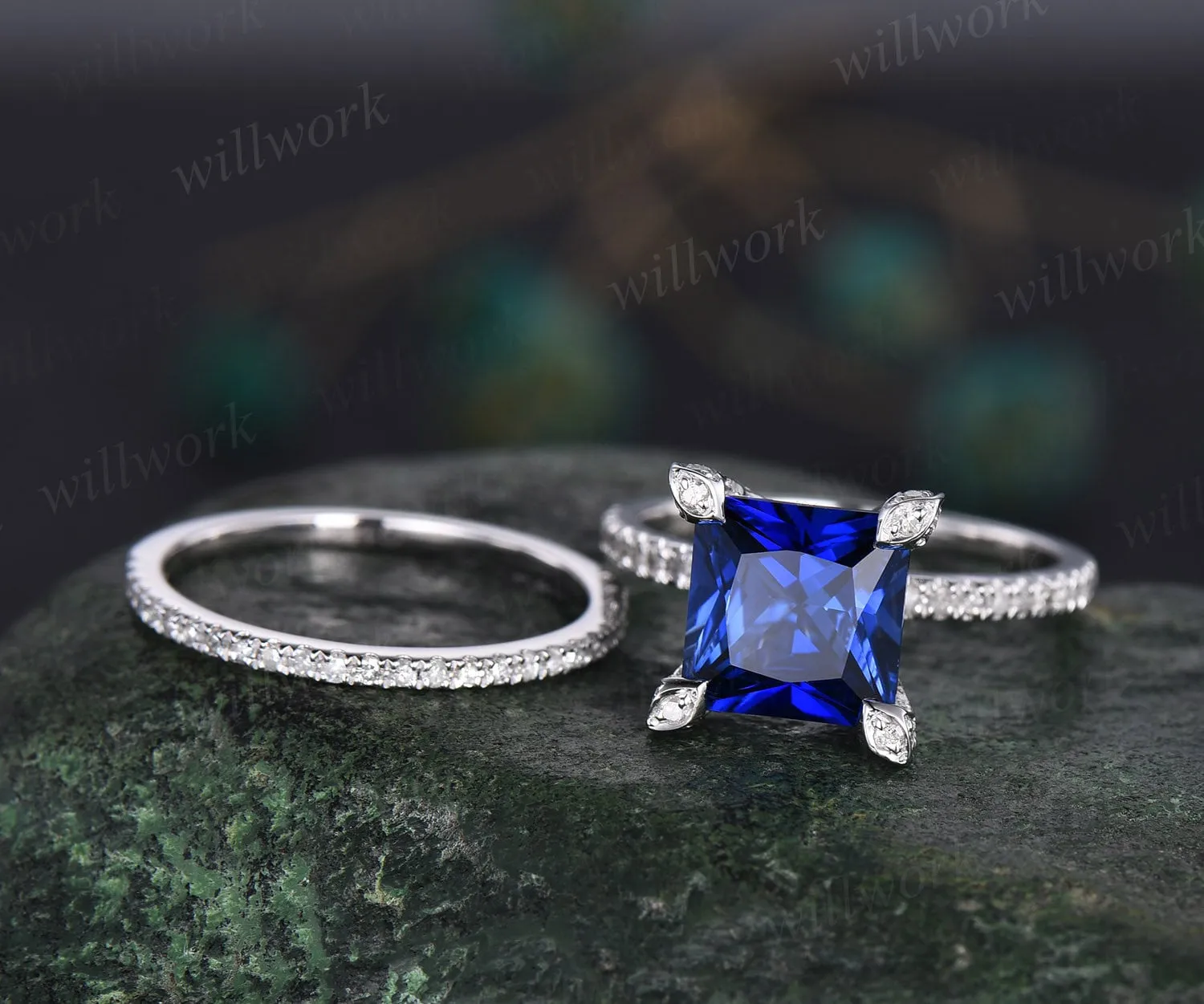 Princess cut sapphire ring vintage sapphire engagement ring set white gold art deco halo pyramid diamond ring unique bridal ring set women sold by Willwork Jewelry product image thumbnail 3