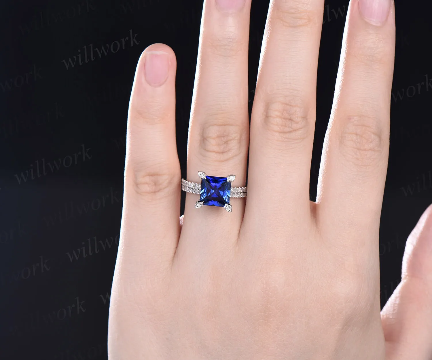 Princess cut sapphire ring vintage sapphire engagement ring set white gold art deco halo pyramid diamond ring unique bridal ring set women sold by Willwork Jewelry product image thumbnail 2