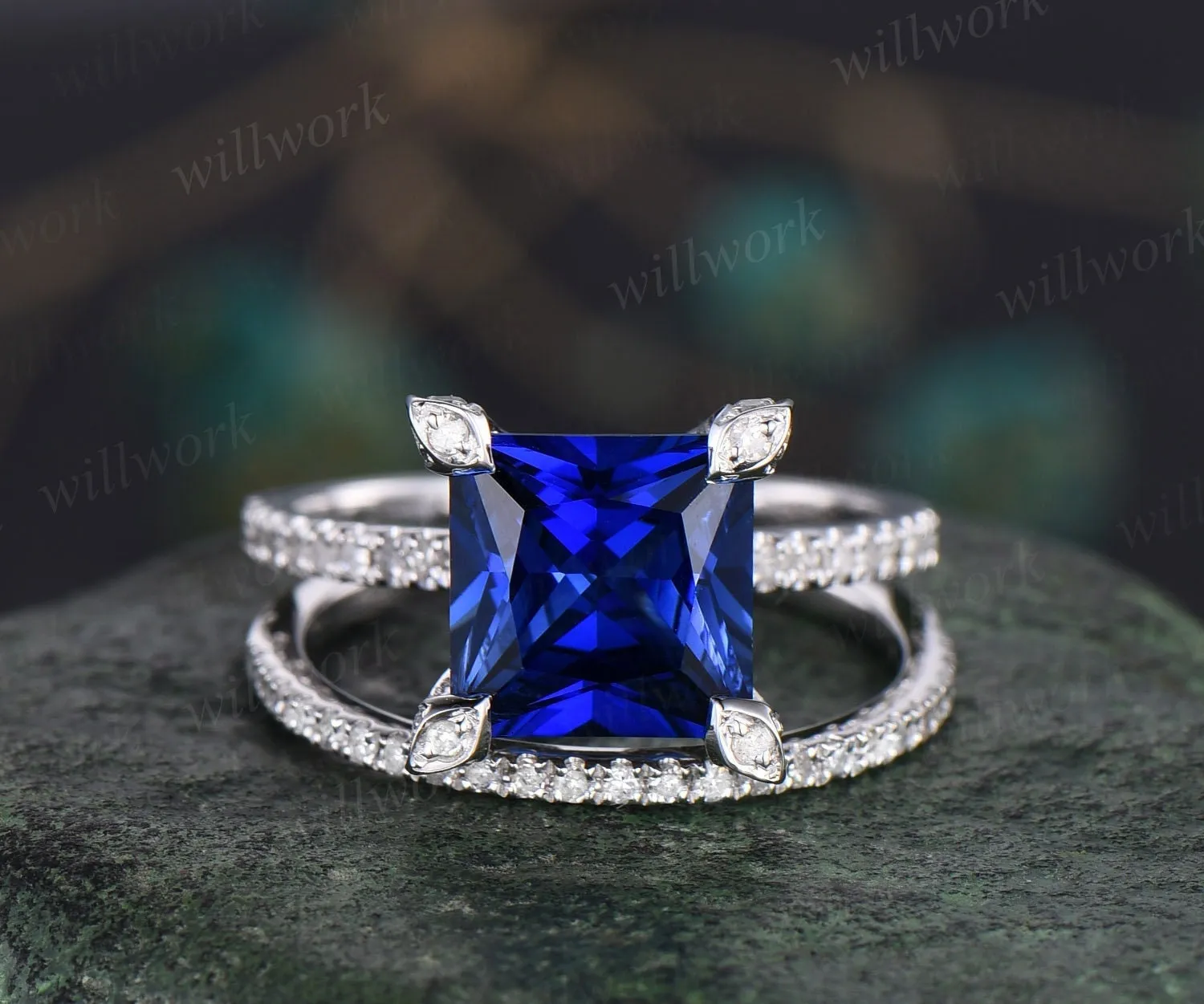 Princess cut sapphire ring vintage sapphire engagement ring set white gold art deco halo pyramid diamond ring unique bridal ring set women sold by Willwork Jewelry