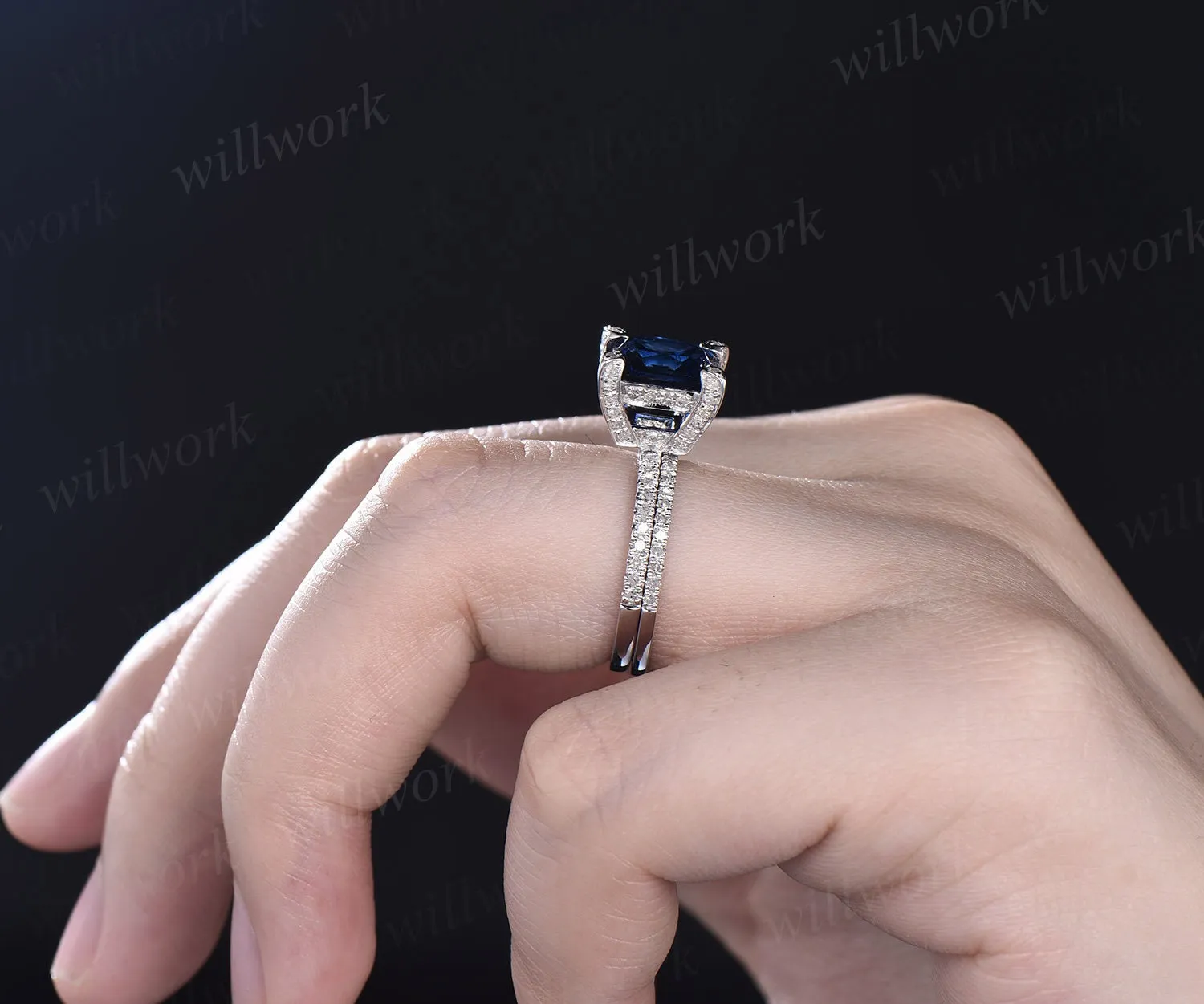 Princess cut sapphire ring vintage sapphire engagement ring set white gold art deco halo pyramid diamond ring unique bridal ring set women sold by Willwork Jewelry product image thumbnail 4