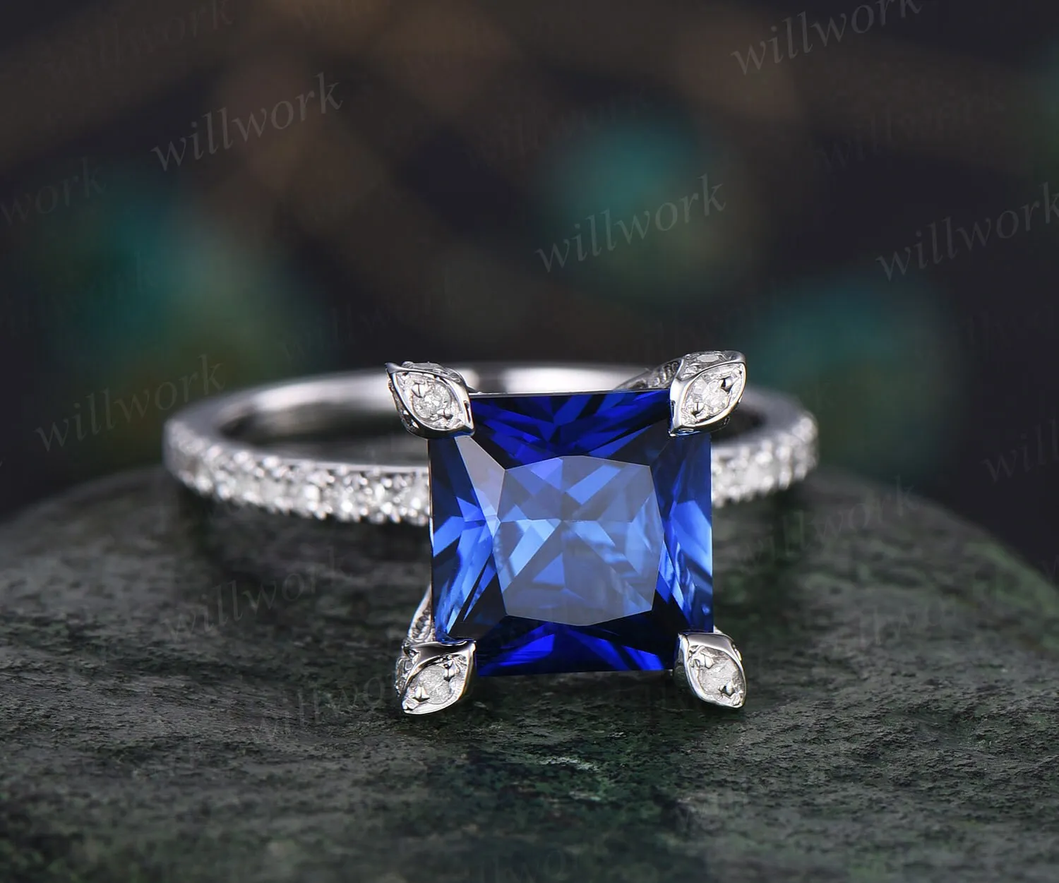 Princess cut sapphire ring vintage sapphire engagement ring set white gold art deco halo pyramid diamond ring unique bridal ring set women sold by Willwork Jewelry product image thumbnail 5