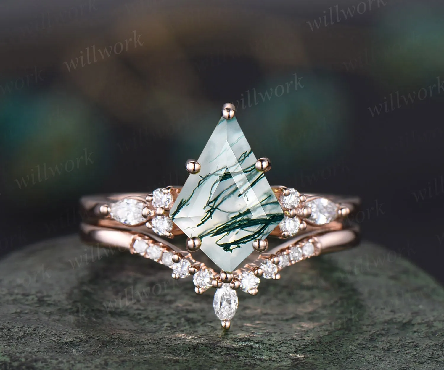 8x11mm kite cut green moss agate ring vintage moss agate engagement ring set solid 14k white gold art deco moissanite wedding ring set women sold by Willwork Jewelry product image thumbnail 4