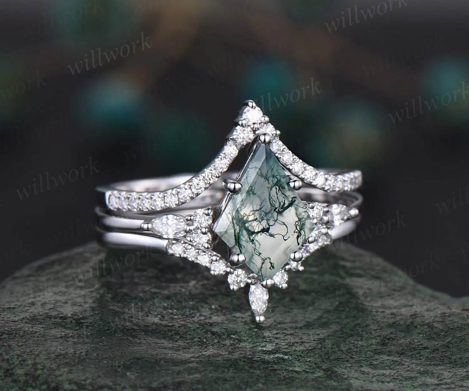 8x11mm kite cut green moss agate ring vintage moss agate engagement ring set solid 14k white gold art deco moissanite wedding ring set women sold by Willwork Jewelry product image thumbnail 3