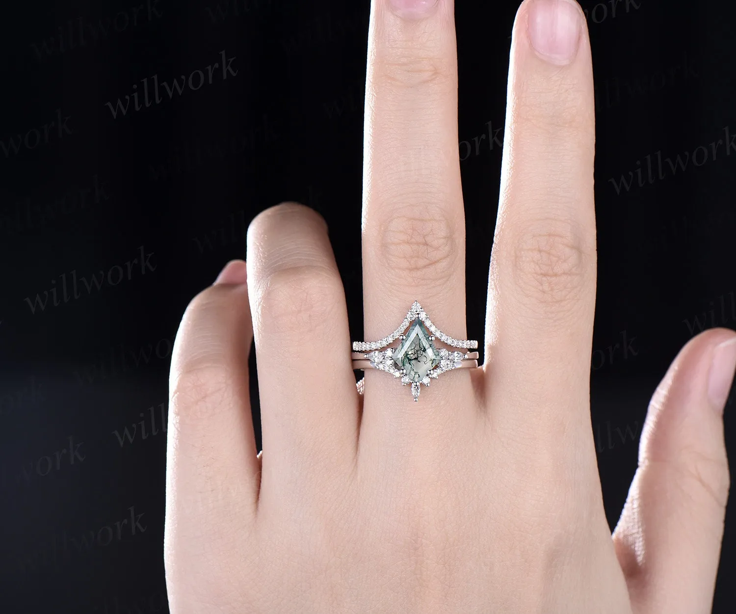 8x11mm kite cut green moss agate ring vintage moss agate engagement ring set solid 14k white gold art deco moissanite wedding ring set women sold by Willwork Jewelry product image thumbnail 2