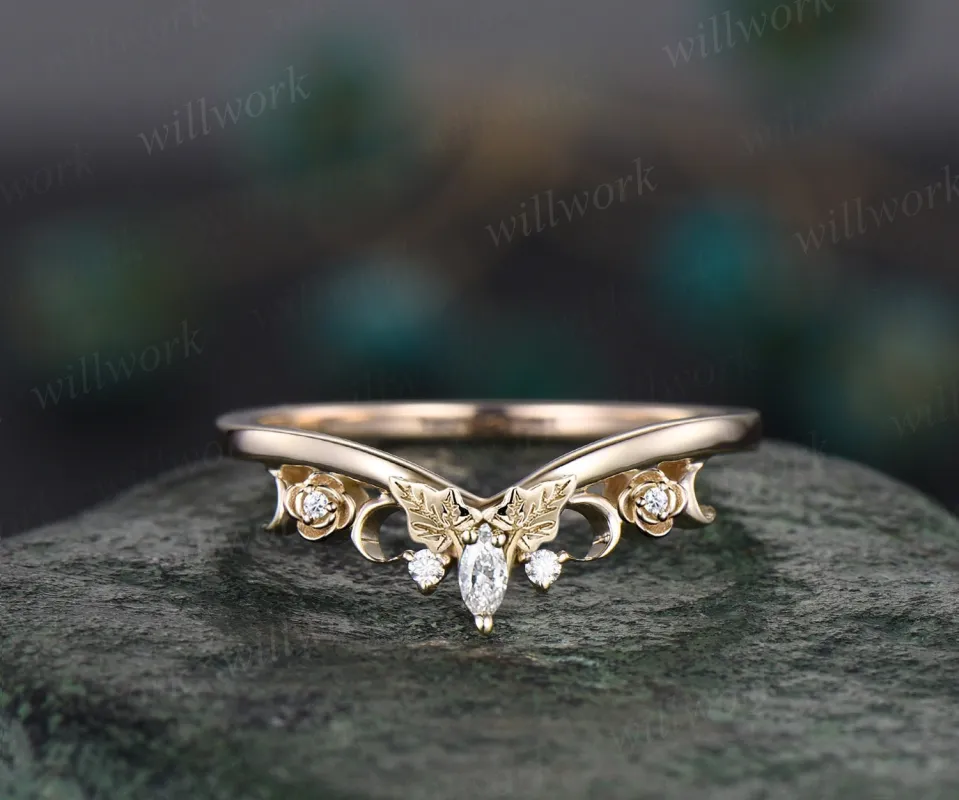 Unique diamond wedding band solid 14k yellow gold five stone ring leaf flower moon moissanite wedding ring band women Personalized ring gift sold by Willwork Jewelry