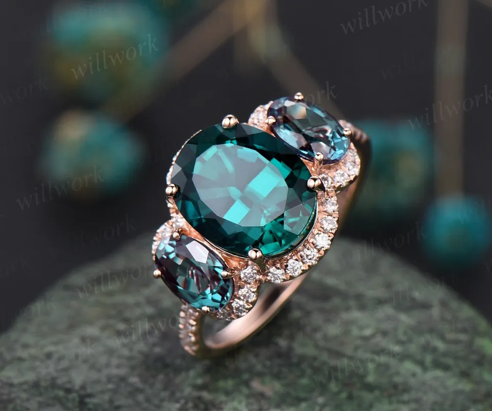 3ct oval cut emerald ring vintage emerald engagement ring solid 14k rose gold alexandrite ring halo diamond ring women unique promise ring sold by Willwork Jewelry