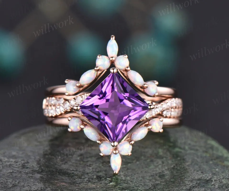 Princess cut purple amethyst ring vintage amethyst engagement ring set solid 14k rose gold opal twisted moissanite wedding ring set women made by Willwork Jewelry