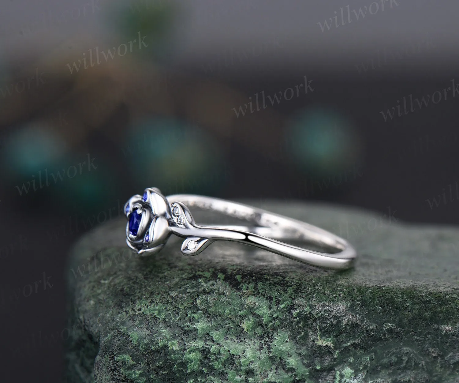 Round natural blue sapphire ring vintage sapphire engagement ring 14k white gold leaf flower diamond ring cluster anniversary ring women sold by Willwork Jewelry product image thumbnail 4