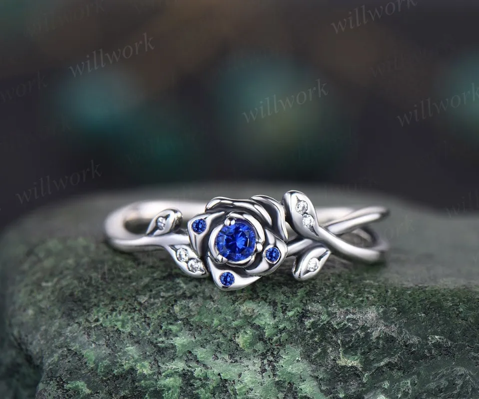 Round natural blue sapphire ring vintage sapphire engagement ring 14k white gold leaf flower diamond ring cluster anniversary ring women sold by Willwork Jewelry