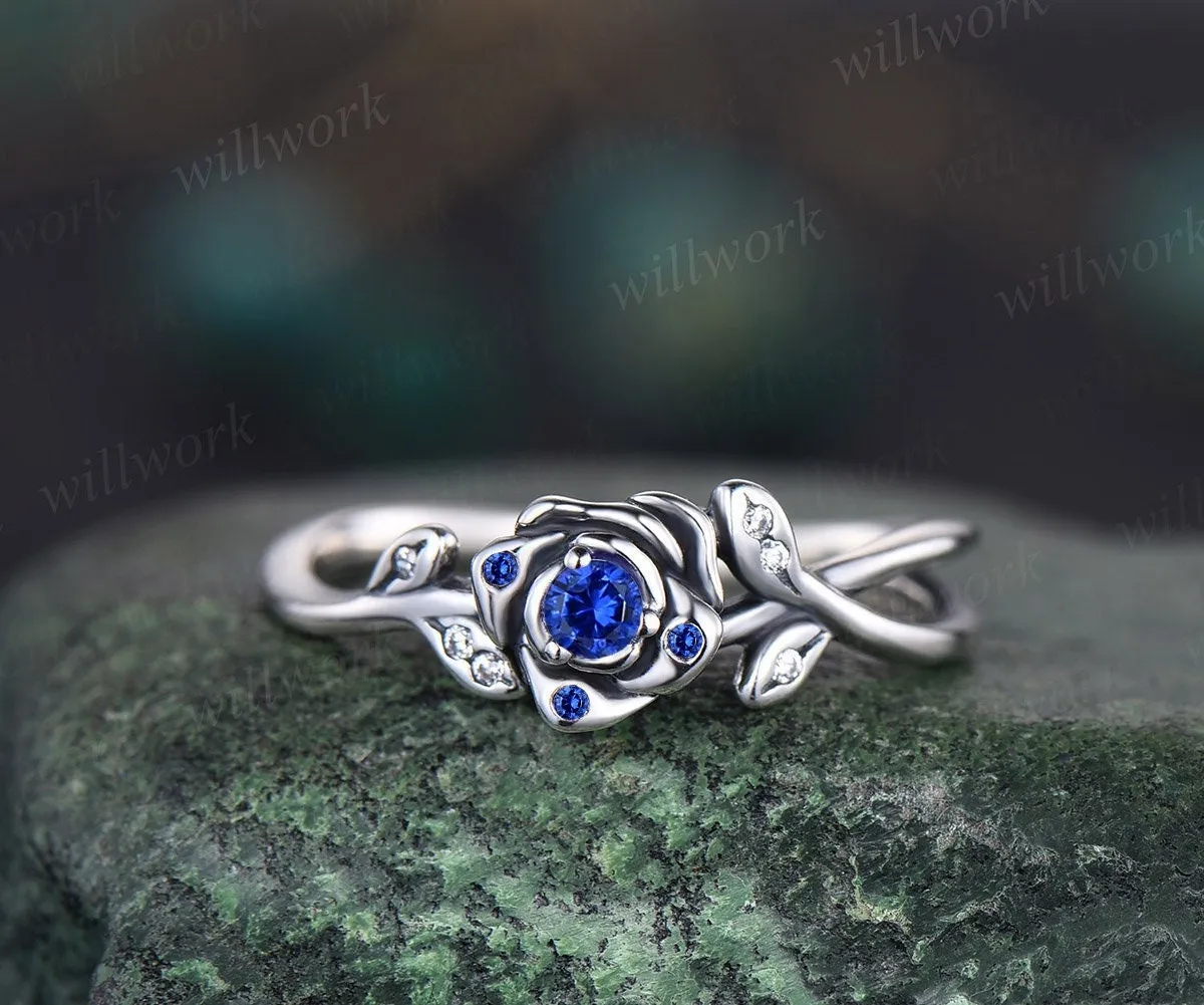 Round natural blue sapphire ring vintage sapphire engagement ring 14k white gold leaf flower diamond ring cluster anniversary ring women sold by Willwork Jewelry