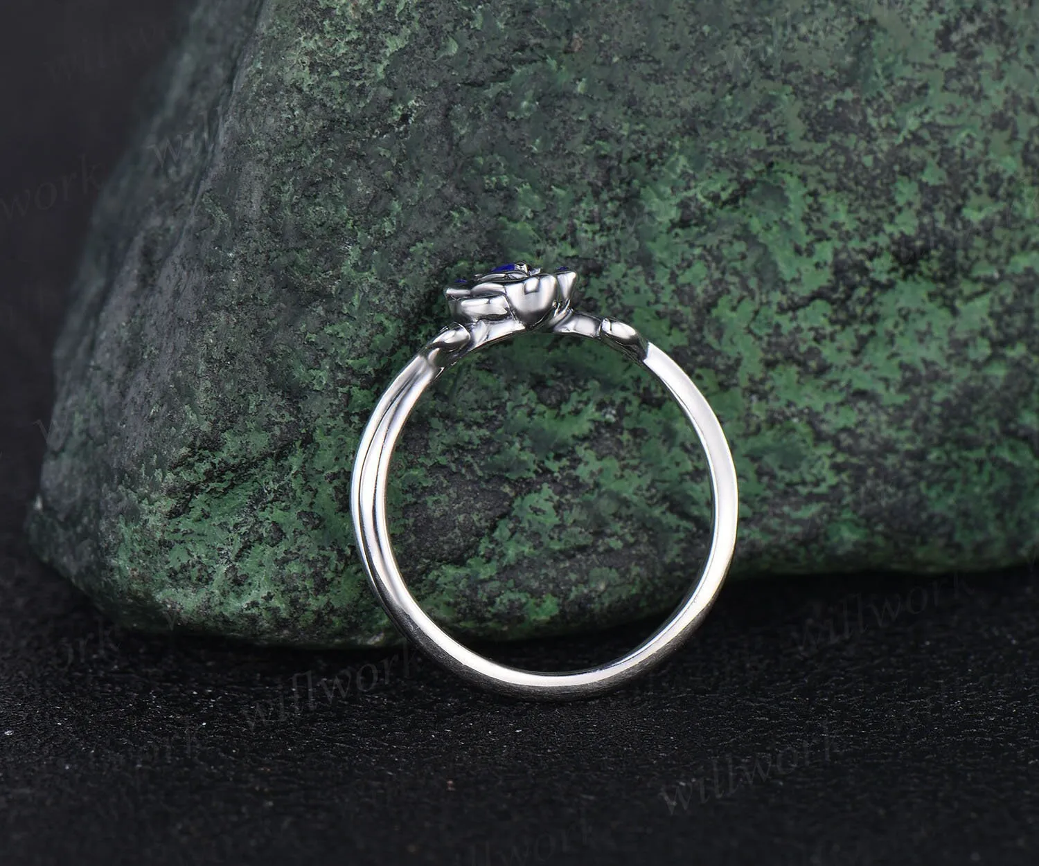 Round natural blue sapphire ring vintage sapphire engagement ring 14k white gold leaf flower diamond ring cluster anniversary ring women sold by Willwork Jewelry product image thumbnail 5