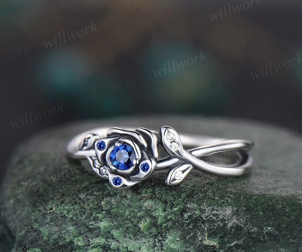 Round natural blue sapphire ring vintage sapphire engagement ring 14k white gold leaf flower diamond ring cluster anniversary ring women sold by Willwork Jewelry product image thumbnail 3
