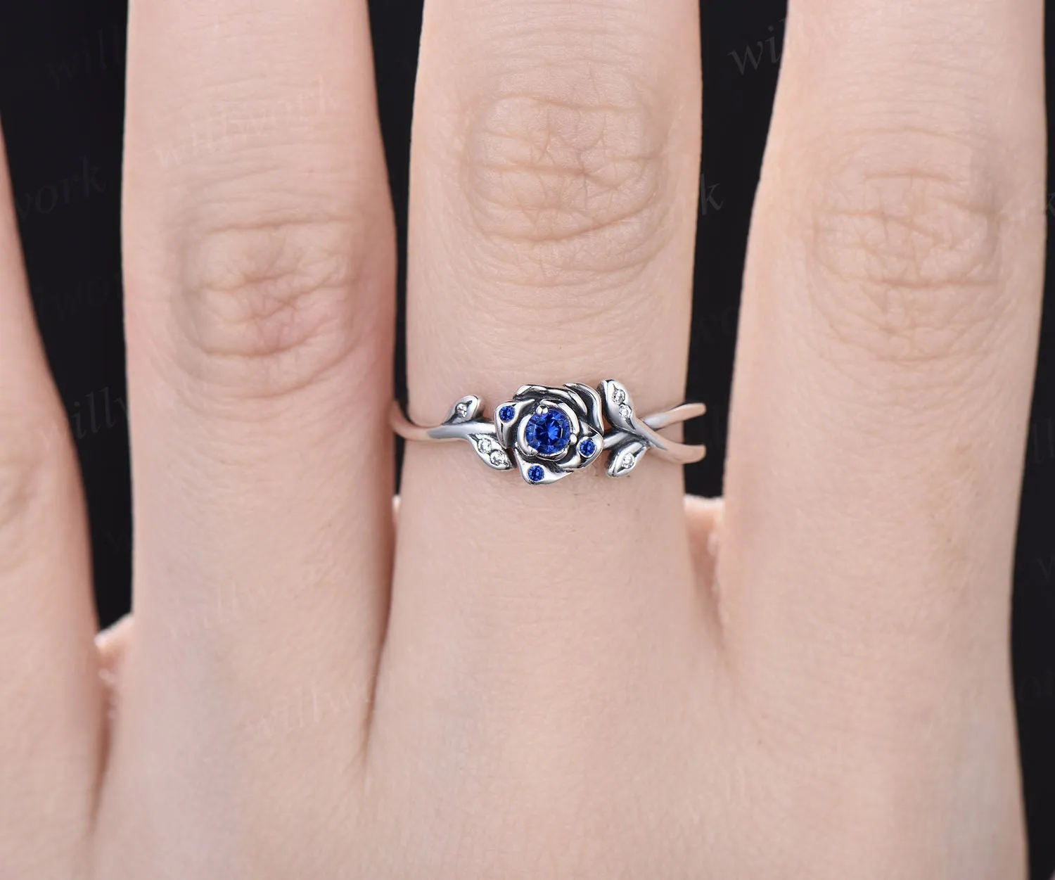 Round natural blue sapphire ring vintage sapphire engagement ring 14k white gold leaf flower diamond ring cluster anniversary ring women sold by Willwork Jewelry product image thumbnail 2