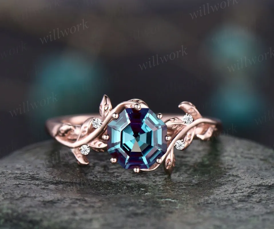 Vintage octagon cut Alexandrite engagement ring 14k rose gold nature inspired ring five stone leaf diamond ring women anniversary ring gift sold by Willwork Jewelry
