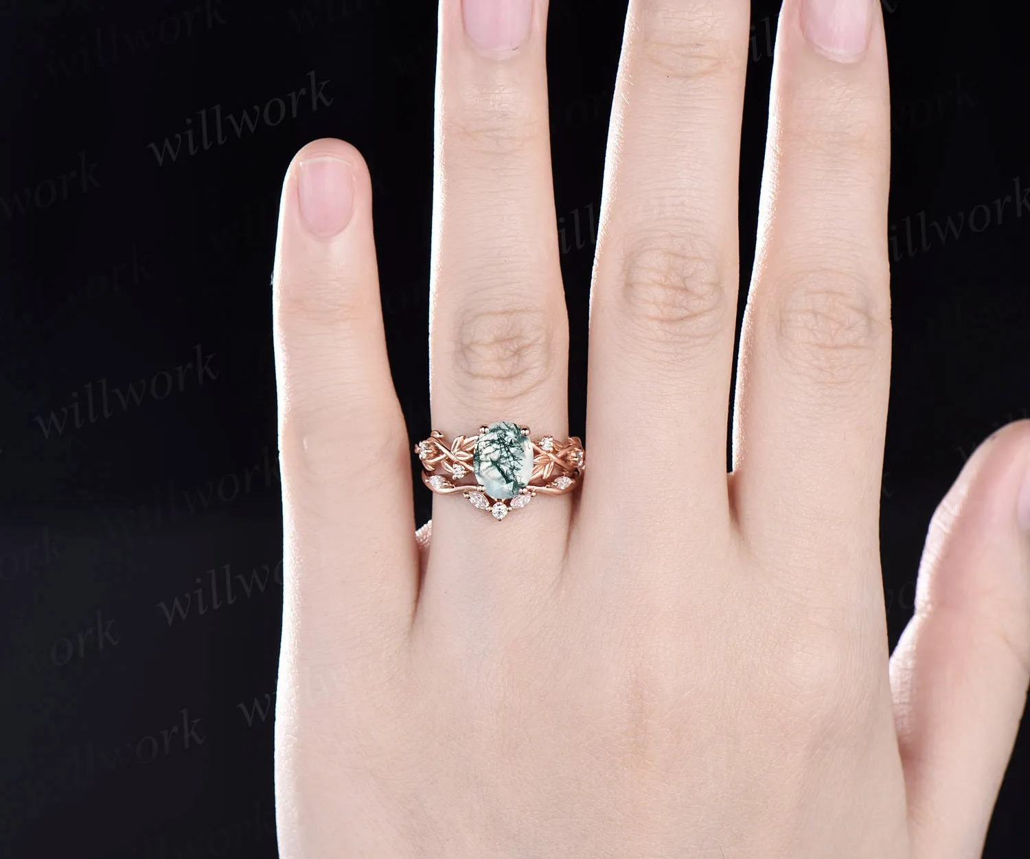 2ct Twig oval cut moss agate engagement ring set 14k rose gold five stone leaf branch Nature inspired ring diamond bridal ring set for women sold by Willwork Jewelry product image thumbnail 2