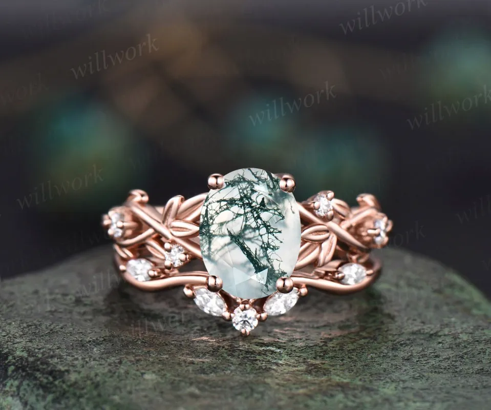 2ct Twig oval cut moss agate engagement ring set 14k rose gold five stone leaf branch Nature inspired ring diamond bridal ring set for women sold by Willwork Jewelry