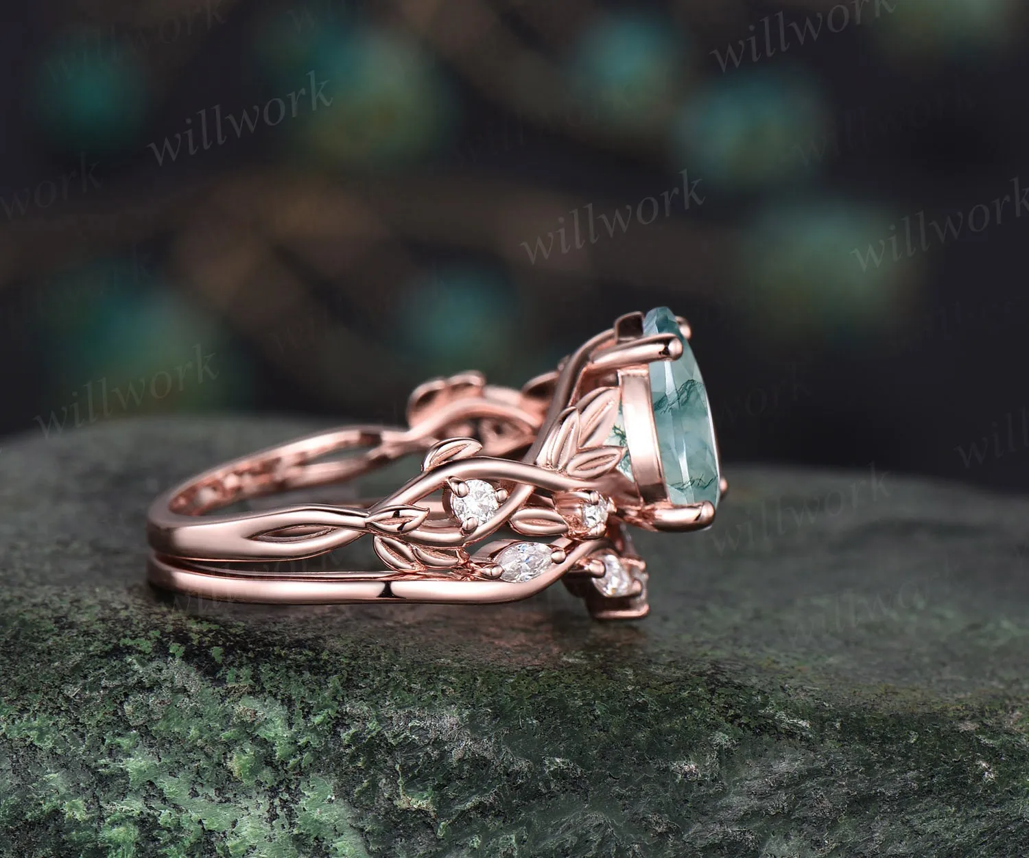2ct Twig oval cut moss agate engagement ring set 14k rose gold five stone leaf branch Nature inspired ring diamond bridal ring set for women sold by Willwork Jewelry product image thumbnail 5