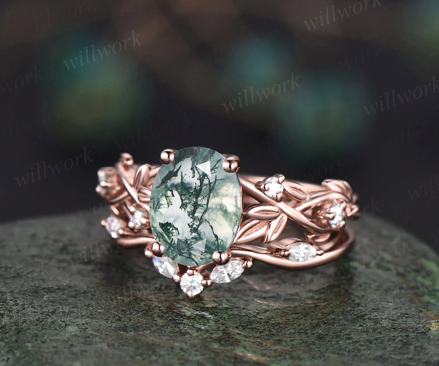 2ct Twig oval cut moss agate engagement ring set 14k rose gold five stone leaf branch Nature inspired ring diamond bridal ring set for women sold by Willwork Jewelry product image thumbnail 4
