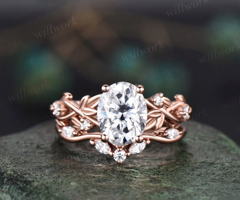 Leaf moissanite ring vintage oval moissanite engagement ring women twig Nature inspired rose gold ring branch diamond bridal ring set gift sold by Willwork Jewelry
