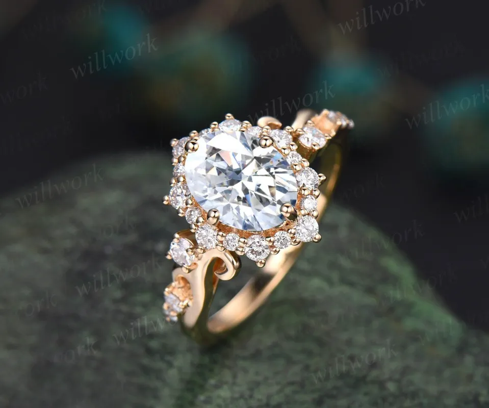 Vintage oval cut moissanite engagement ring women 14k yellow gold snowdrift halo diamond ring art deco cluster antique promise ring her gift sold by Willwork Jewelry