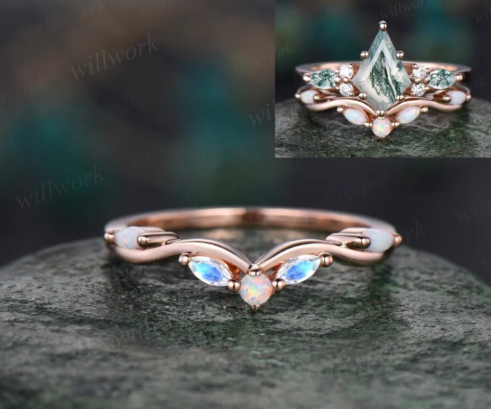 Vintage Curved moonstone opal wedding band 14k rose gold art deco stacking wedding ring band women birthstone anniversary ring gift sold by Willwork Jewelry