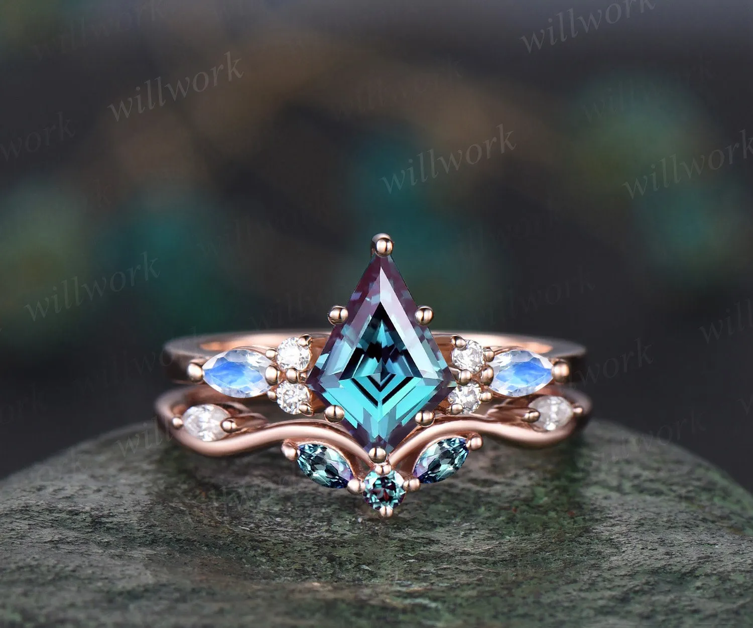 Kite cut Alexandrite engagement ring marquise cut amethyst ring 14k rose gold diamond opal ring women unique wedding ring set jewelry gift sold by Willwork Jewelry product image thumbnail 4