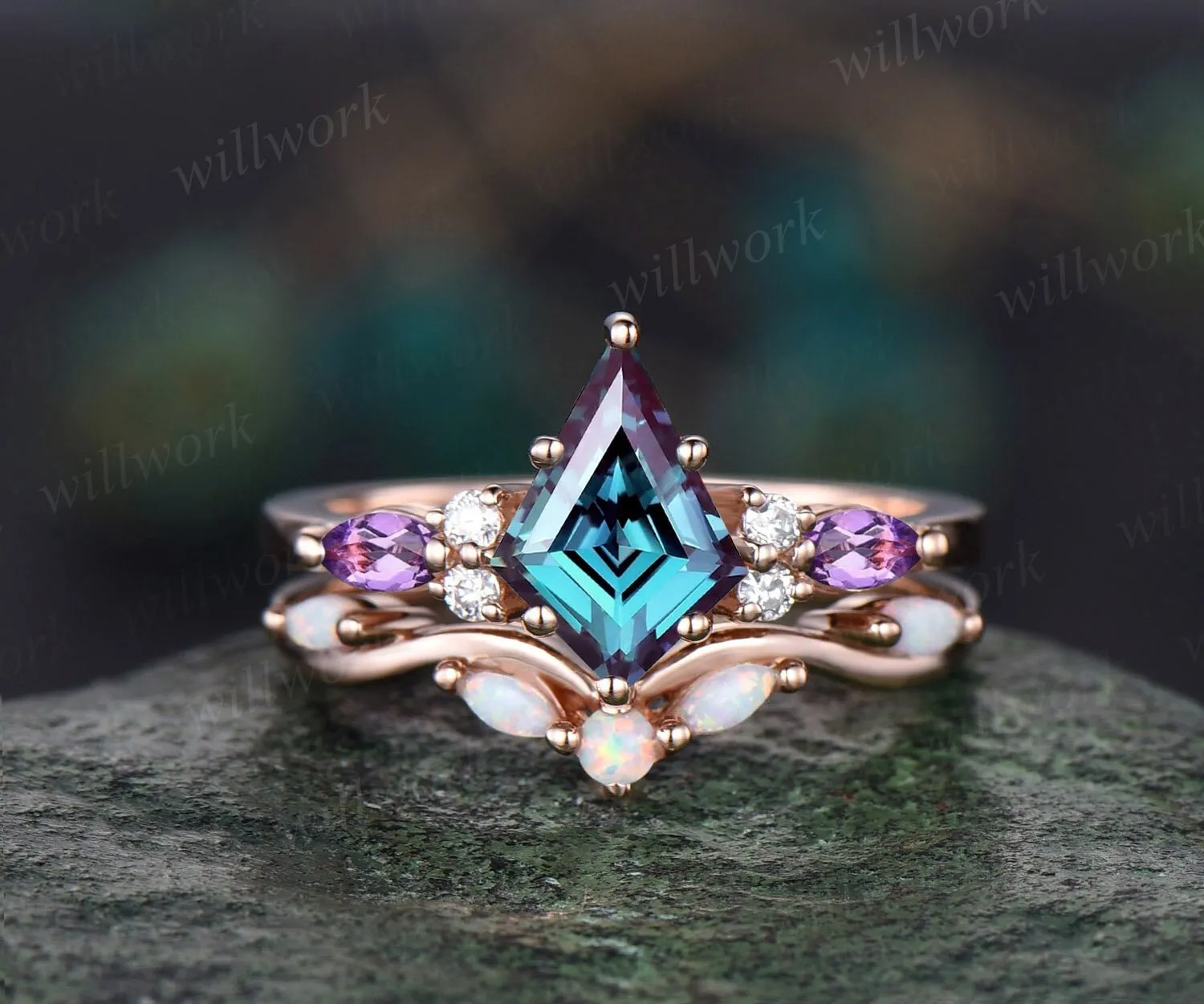 Kite cut Alexandrite engagement ring marquise cut amethyst ring 14k rose gold diamond opal ring women unique wedding ring set jewelry gift sold by Willwork Jewelry