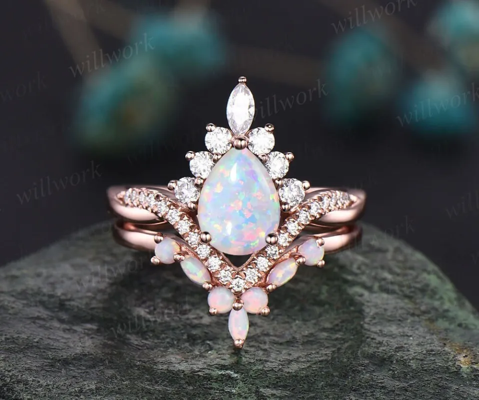 Opal ring gold women vintage pear opal engagement ring set rose gold marquise ring set Twisted moissanite ring dainty custom wedding ring sold by Willwork Jewelry