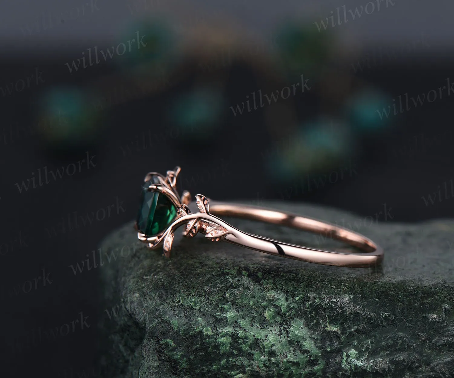 Cushion cut green emerald ring vintage unique nature inspired engagement ring leaf 14k rose gold ring art deco bridal wedding ring for women sold by Willwork Jewelry product image thumbnail 4