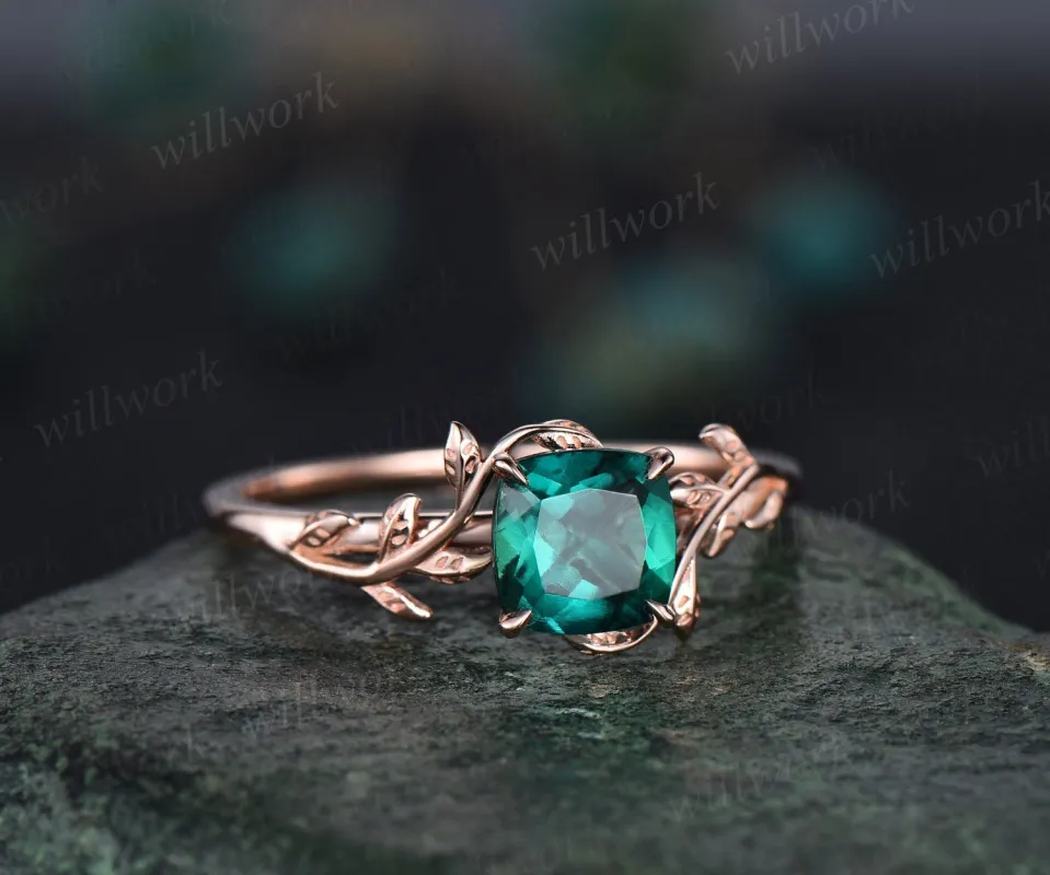 Cushion cut green emerald ring vintage unique nature inspired engagement ring leaf 14k rose gold ring art deco bridal wedding ring for women sold by Willwork Jewelry