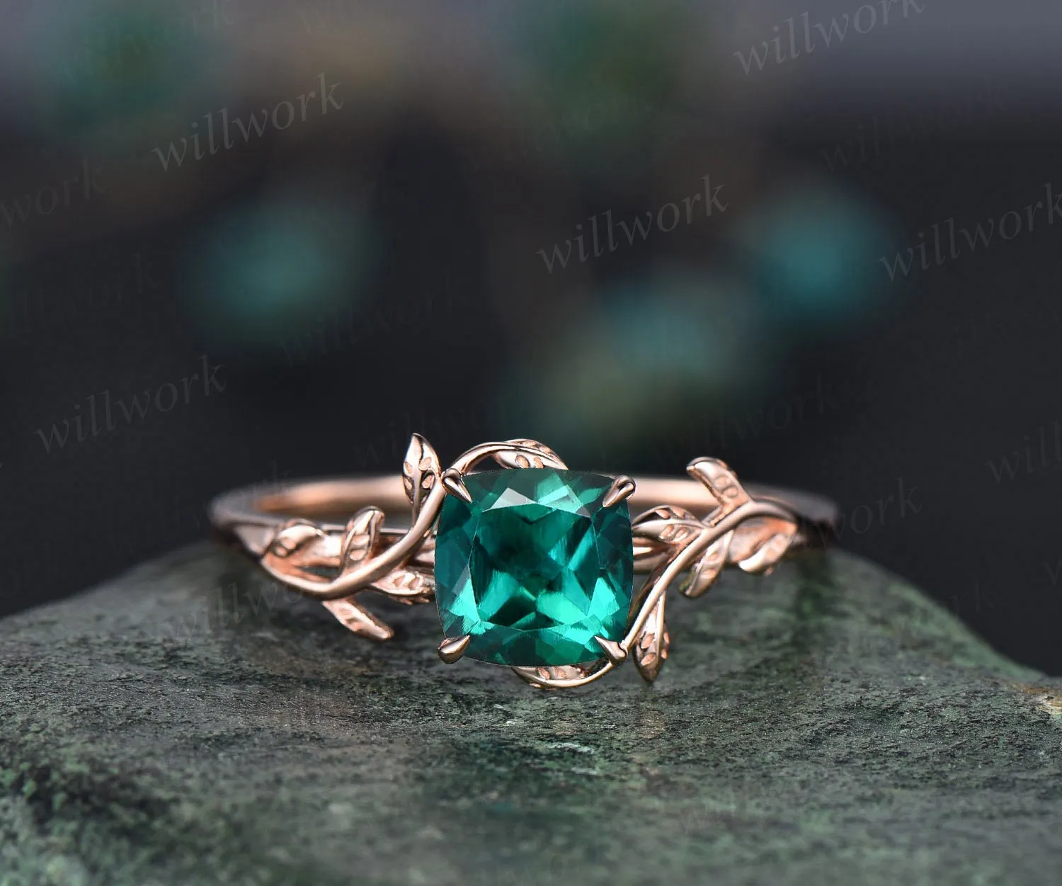 Cushion cut green emerald ring vintage unique nature inspired engagement ring leaf 14k rose gold ring art deco bridal wedding ring for women sold by Willwork Jewelry product image thumbnail 3