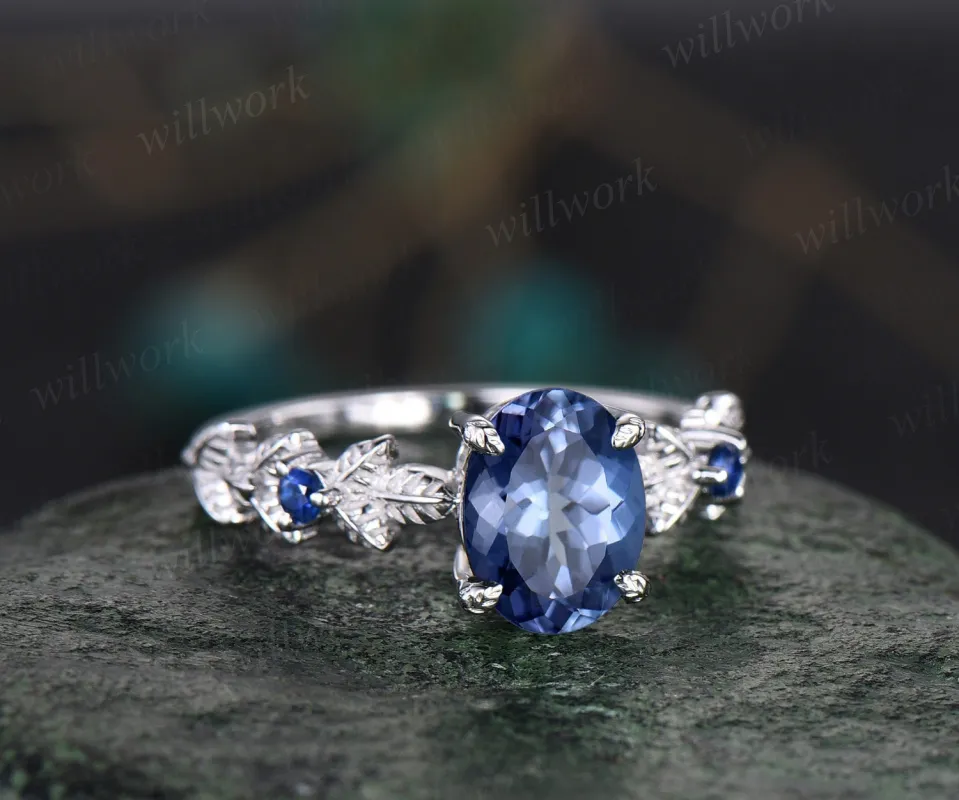 Oval cut Tanzanite ring vintage Tanzanite engagement ring white gold three stone Nature inspired leaf natural sapphire ring women jewelry made by Willwork Jewelry