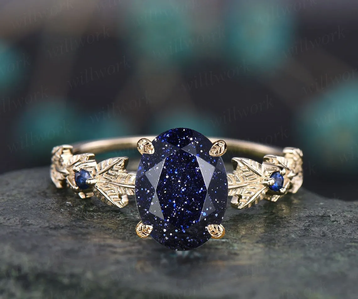 Oval cut blue goldstone ring vintage blue sandstone engagement ring white gold three stone Nature inspired leaf natural sapphire ring women sold by Willwork Jewelry product image thumbnail 5