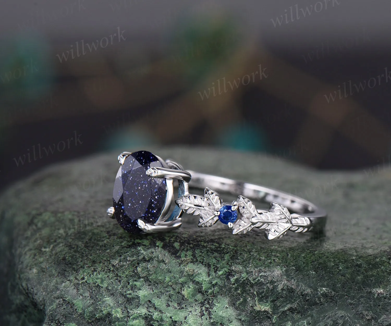 Oval cut blue goldstone ring vintage blue sandstone engagement ring white gold three stone Nature inspired leaf natural sapphire ring women sold by Willwork Jewelry product image thumbnail 3