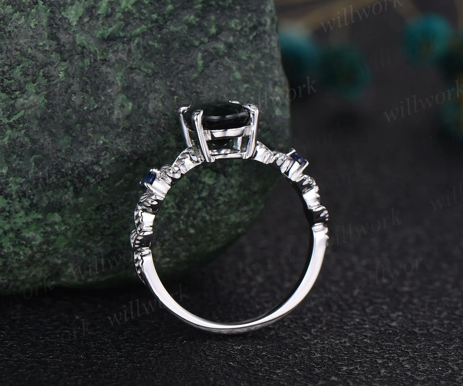 Oval cut blue goldstone ring vintage blue sandstone engagement ring white gold three stone Nature inspired leaf natural sapphire ring women sold by Willwork Jewelry product image thumbnail 4