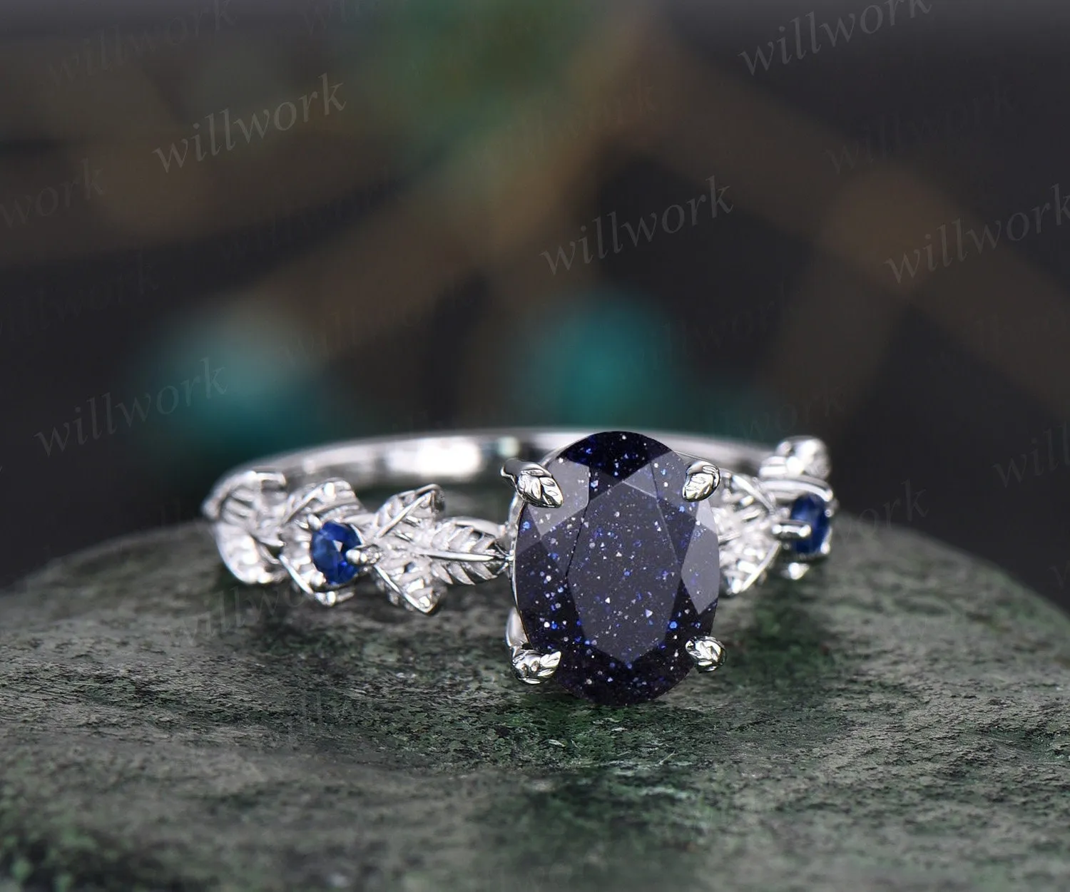 Oval cut blue goldstone ring vintage blue sandstone engagement ring white gold three stone Nature inspired leaf natural sapphire ring women sold by Willwork Jewelry