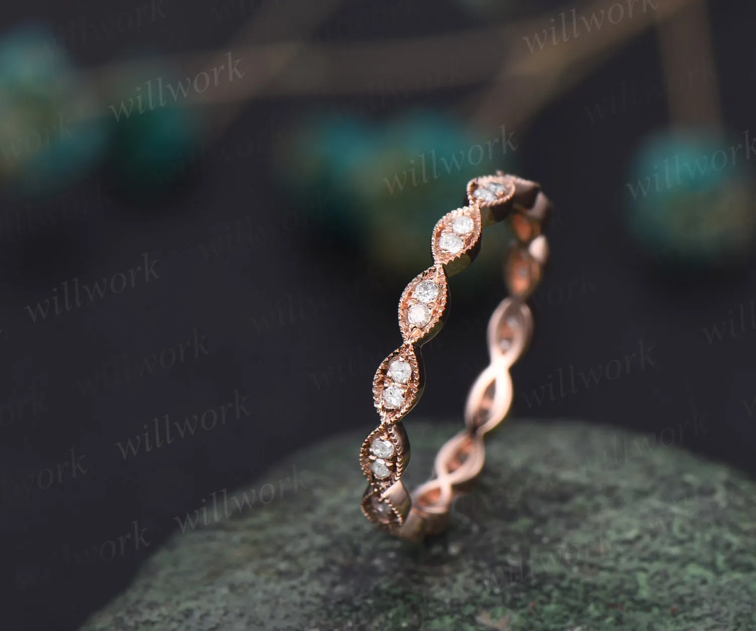 Milgrain diamond wedding band vintage art deco 14k rose gold marquise ring full eternity matching stacking anniversary ring band women gift sold by Willwork Jewelry product image thumbnail 4