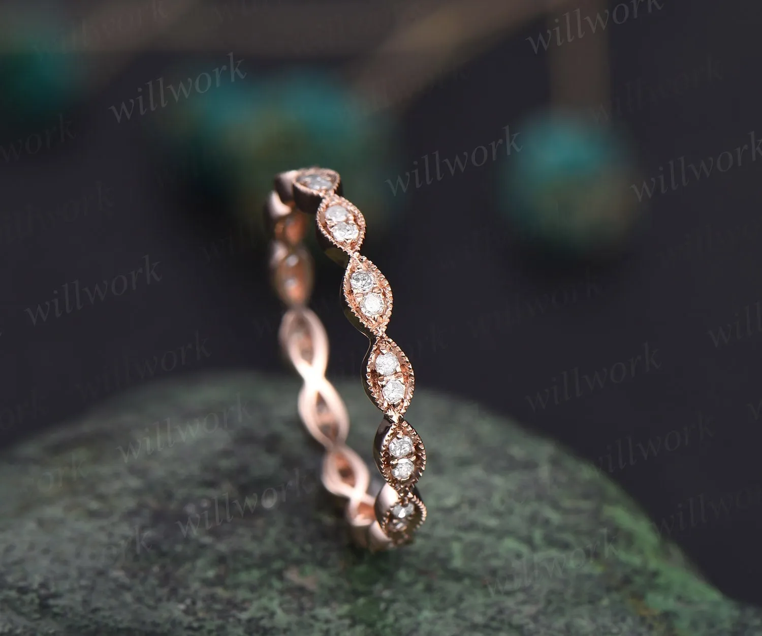Milgrain diamond wedding band vintage art deco 14k rose gold marquise ring full eternity matching stacking anniversary ring band women gift sold by Willwork Jewelry