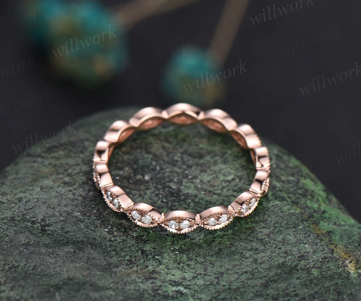 Milgrain diamond wedding band vintage art deco 14k rose gold marquise ring full eternity matching stacking anniversary ring band women gift sold by Willwork Jewelry product image thumbnail 5