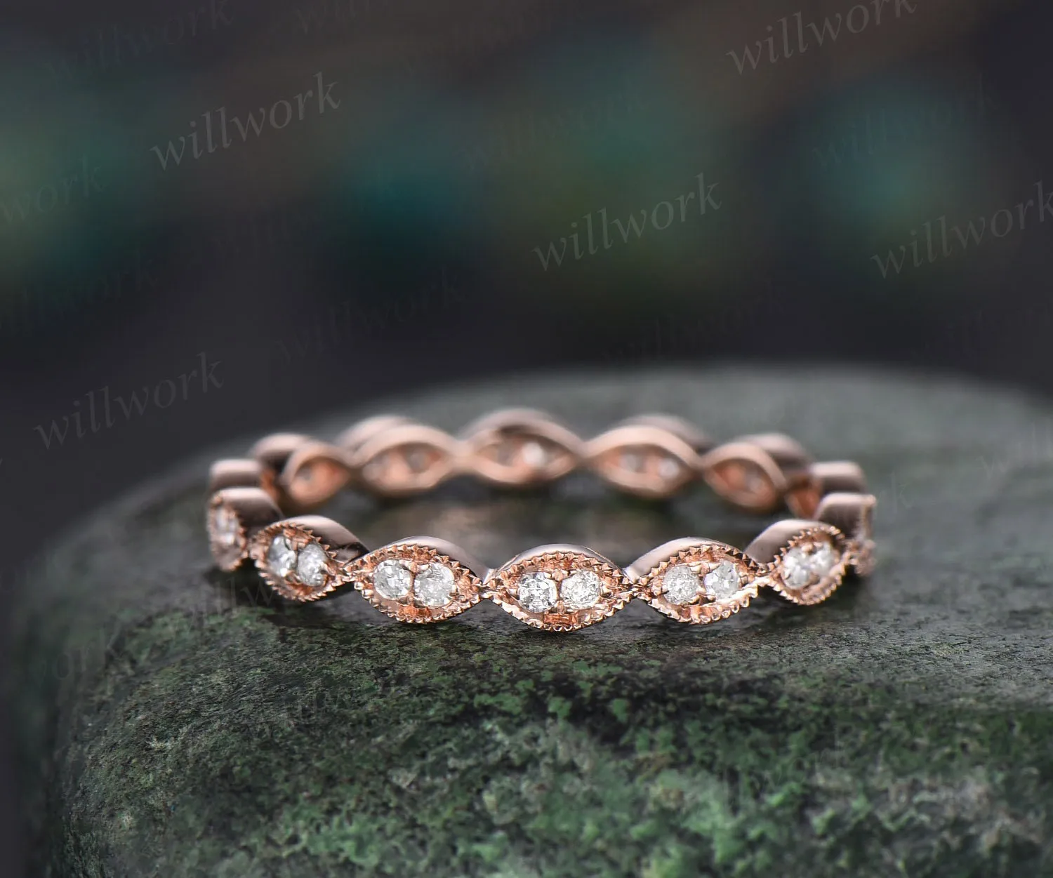 Milgrain diamond wedding band vintage art deco 14k rose gold marquise ring full eternity matching stacking anniversary ring band women gift sold by Willwork Jewelry product image thumbnail 3