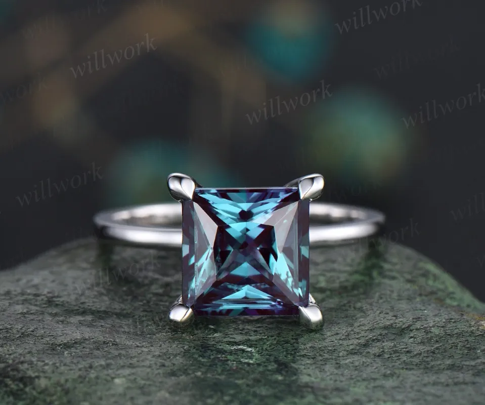 3ct Princess cut Alexandrite ring vintage Solitaire engagement ring women solid 14k white gold square cut ring unique promise ring jewelry sold by Willwork Jewelry
