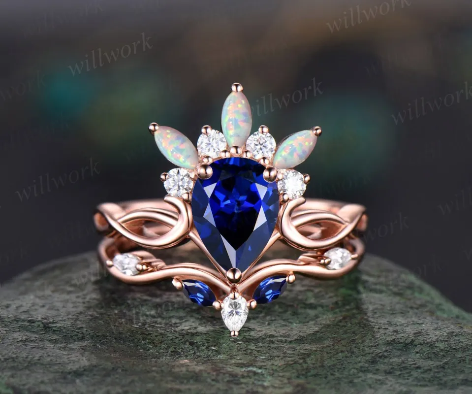 Vintage pear shaped blue sapphire engagement ring set art deco rose gold ring crown cluster opal ring women unique moissanite wedding ring sold by Willwork Jewelry