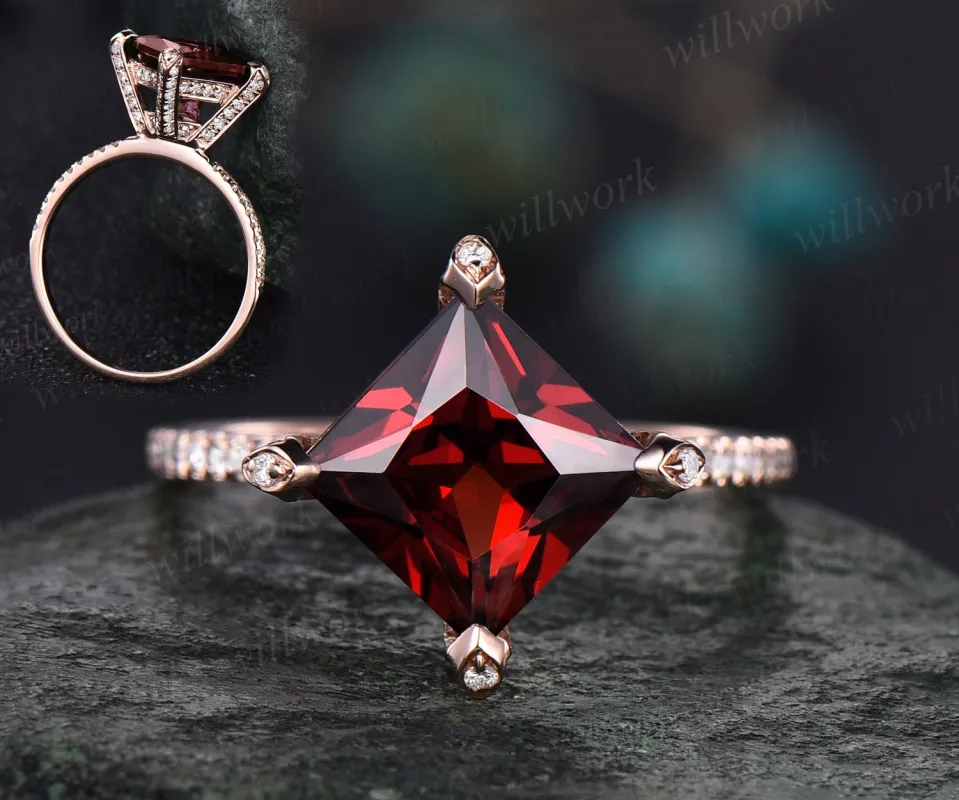 Unique princess cut red garnet engagement ring 14k rose gold pyramid under halo basket diamond ring vintage half eternity wedding ring women sold by Willwork Jewelry