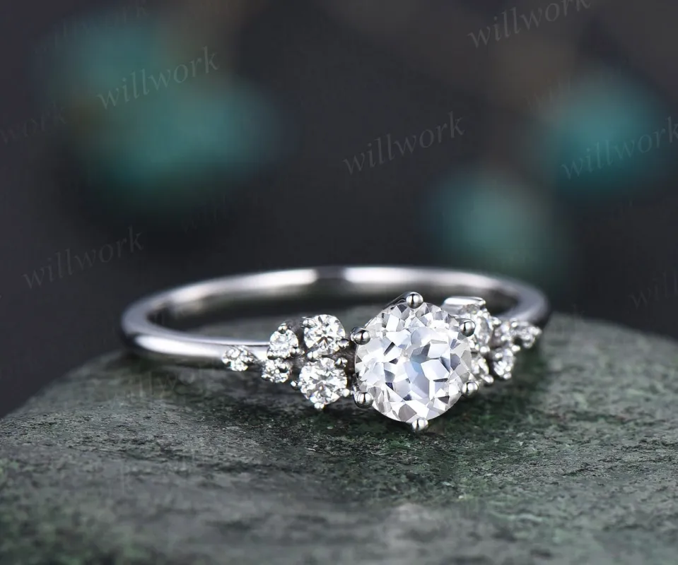 Round cut white sapphire ring vintage white sapphire engagement ring 14k white gold dainty snowdrift diamond ring women unique promise ring sold by Willwork Jewelry