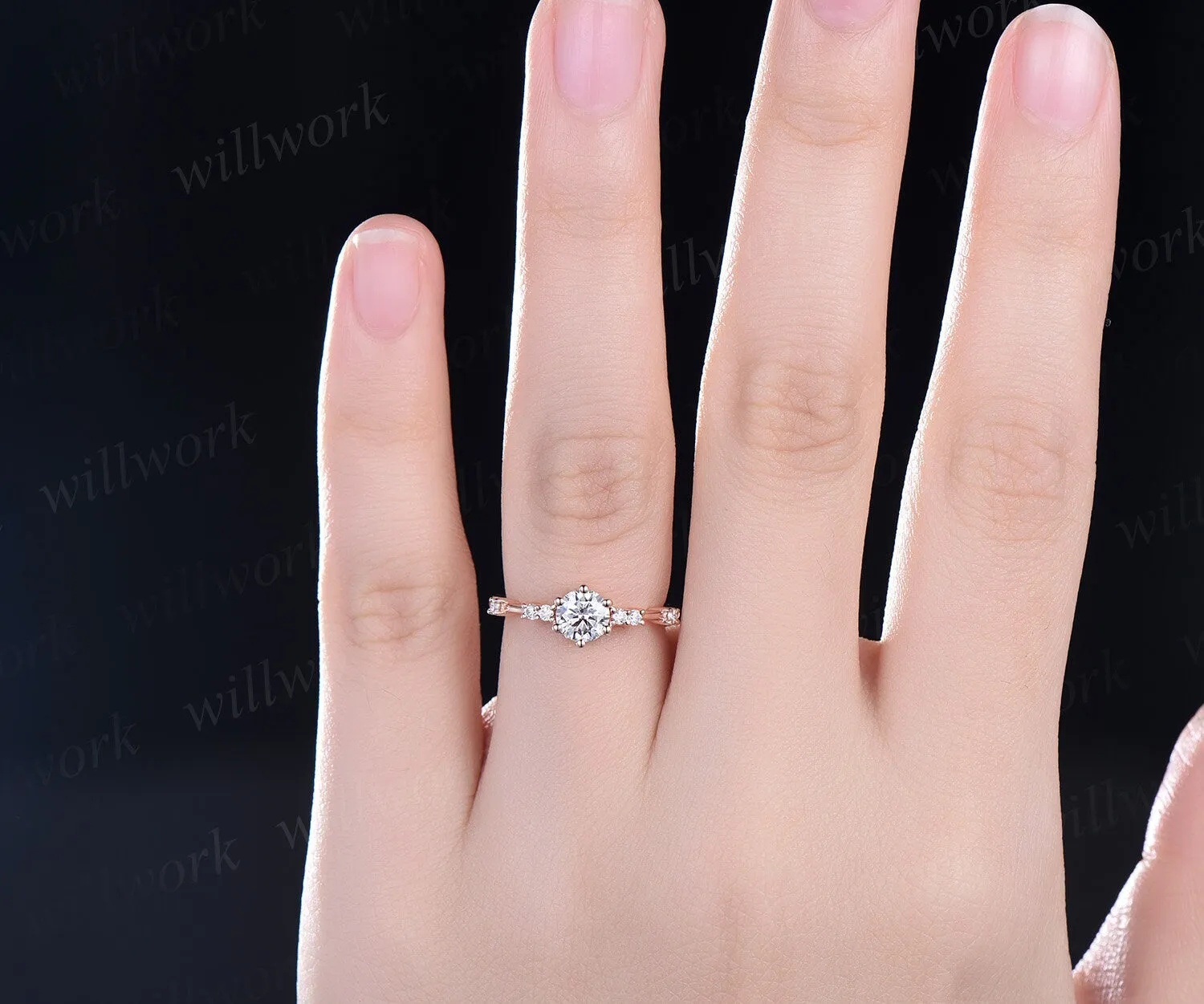 Round moissanite ring vintage dainty moissanite engagement ring rose gold unique 6 prong engagement ring 7 stone diamond wedding ring women sold by Willwork Jewelry product image thumbnail 2