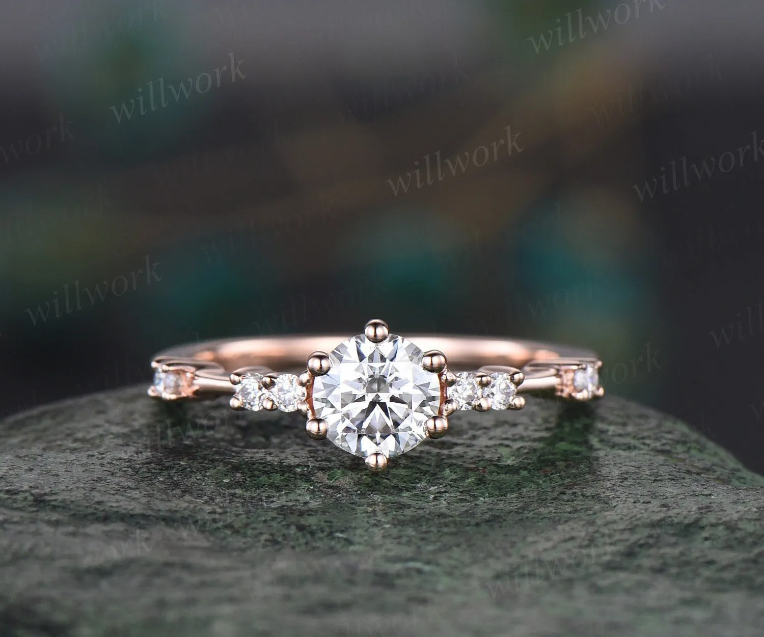 Round moissanite ring vintage dainty moissanite engagement ring rose gold unique 6 prong engagement ring 7 stone diamond wedding ring women sold by Willwork Jewelry