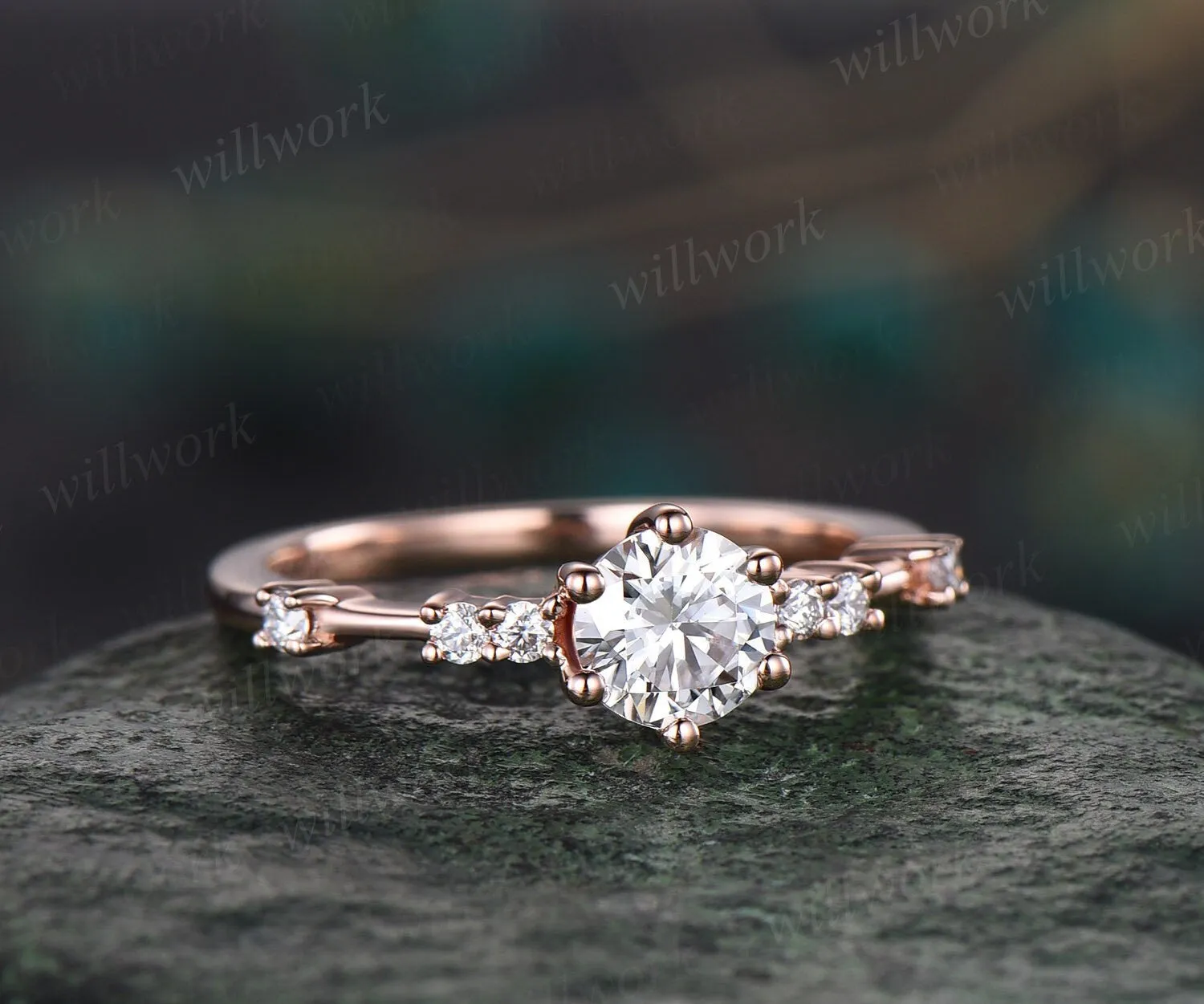 Round moissanite ring vintage dainty moissanite engagement ring rose gold unique 6 prong engagement ring 7 stone diamond wedding ring women sold by Willwork Jewelry product image thumbnail 3