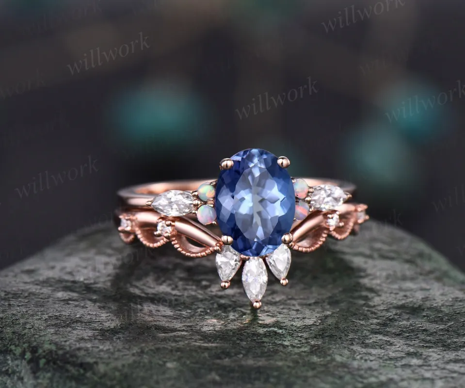 Vintage oval cut Tanzanite engagement ring solid 14k rose gold opal ring art deco antique diamond ring set women moissanite ring jewelry sold by Willwork Jewelry